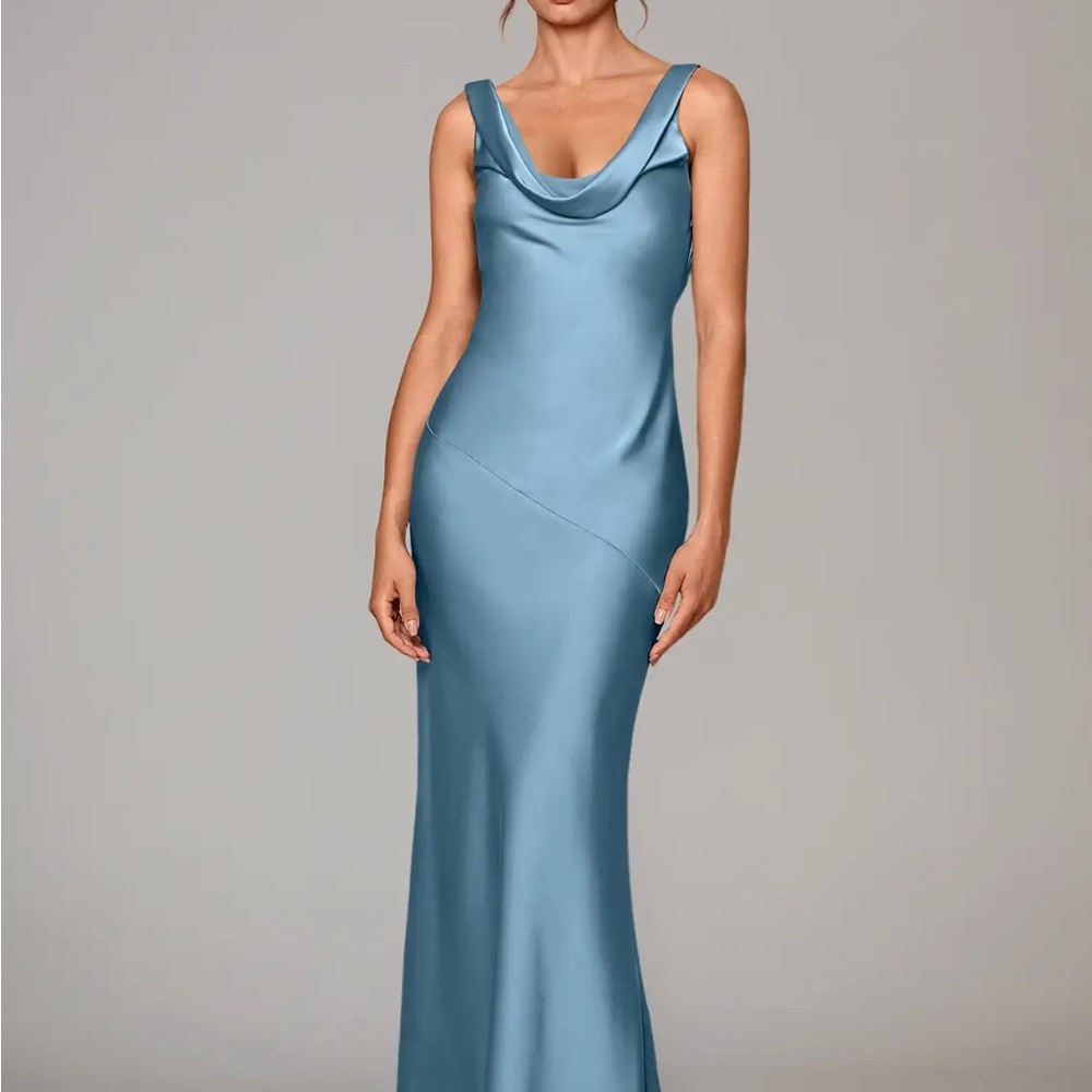 Azazie Rylina Elegant Blue Satin Evening Gown in Steel Blue